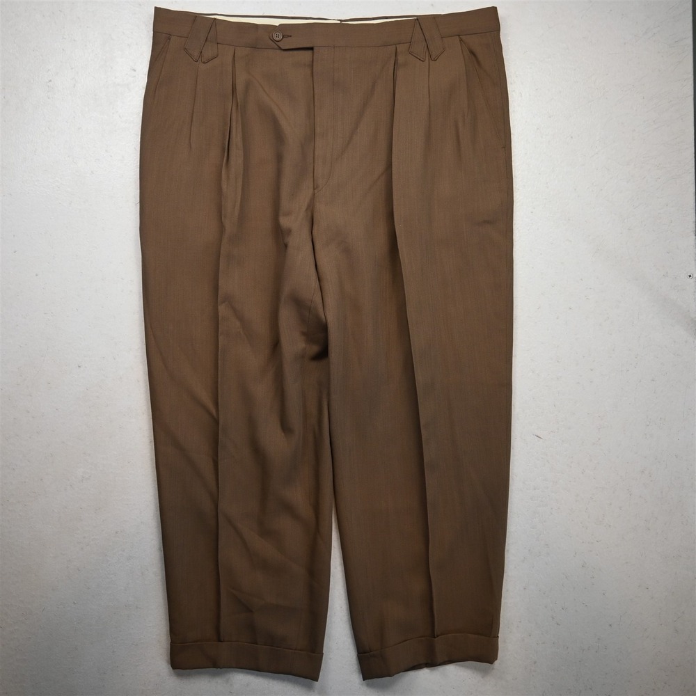 Vtg Tallia Uomo 42x30 Khaki Beige Wool Pleated Cuffed Baggy Classic Dress Pants